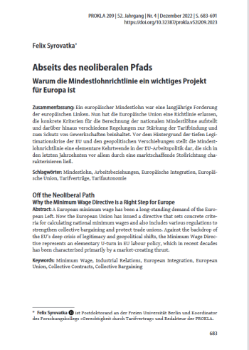 Felix Syrovatka (2022): Abseits des neoliberalen Pfads. Warum die Mindestlohnrichtlinie ein richtiger Schritt für Europa ist