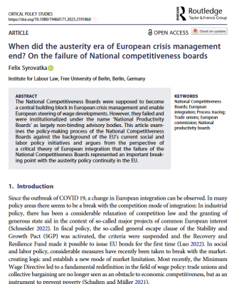 Felix Syrovatka (2023): When did the austerity era of European crisis management end? On the failure of National competitiveness boards