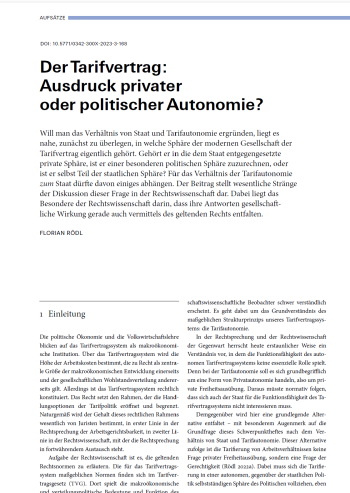Florian Rödl (2023): Der Tarifvertrag : Ausdruck privater oder politischer Autonomie?